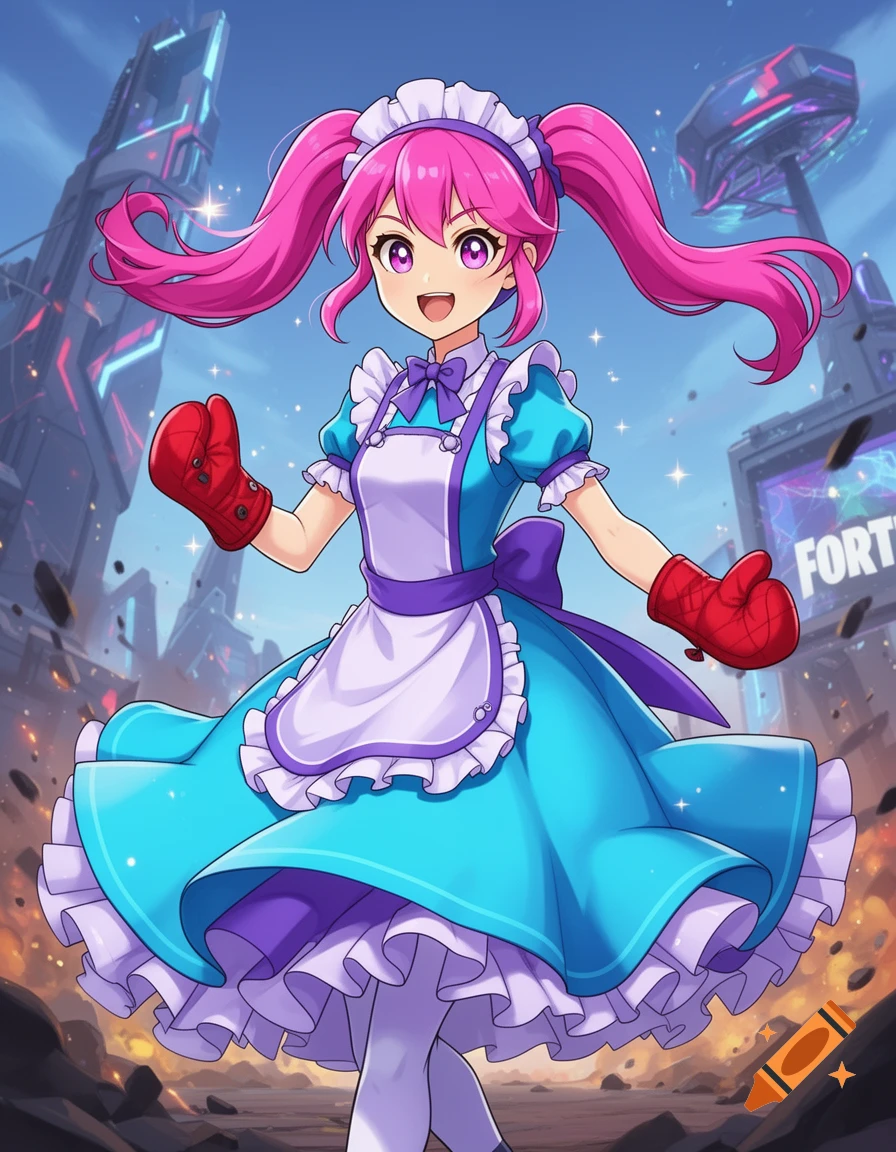 An anime girl with bright pink pigtails, purple eyes, a cyan and purple maid dress, and red oven mitts stands in a futuristic, debris-filled landscape.