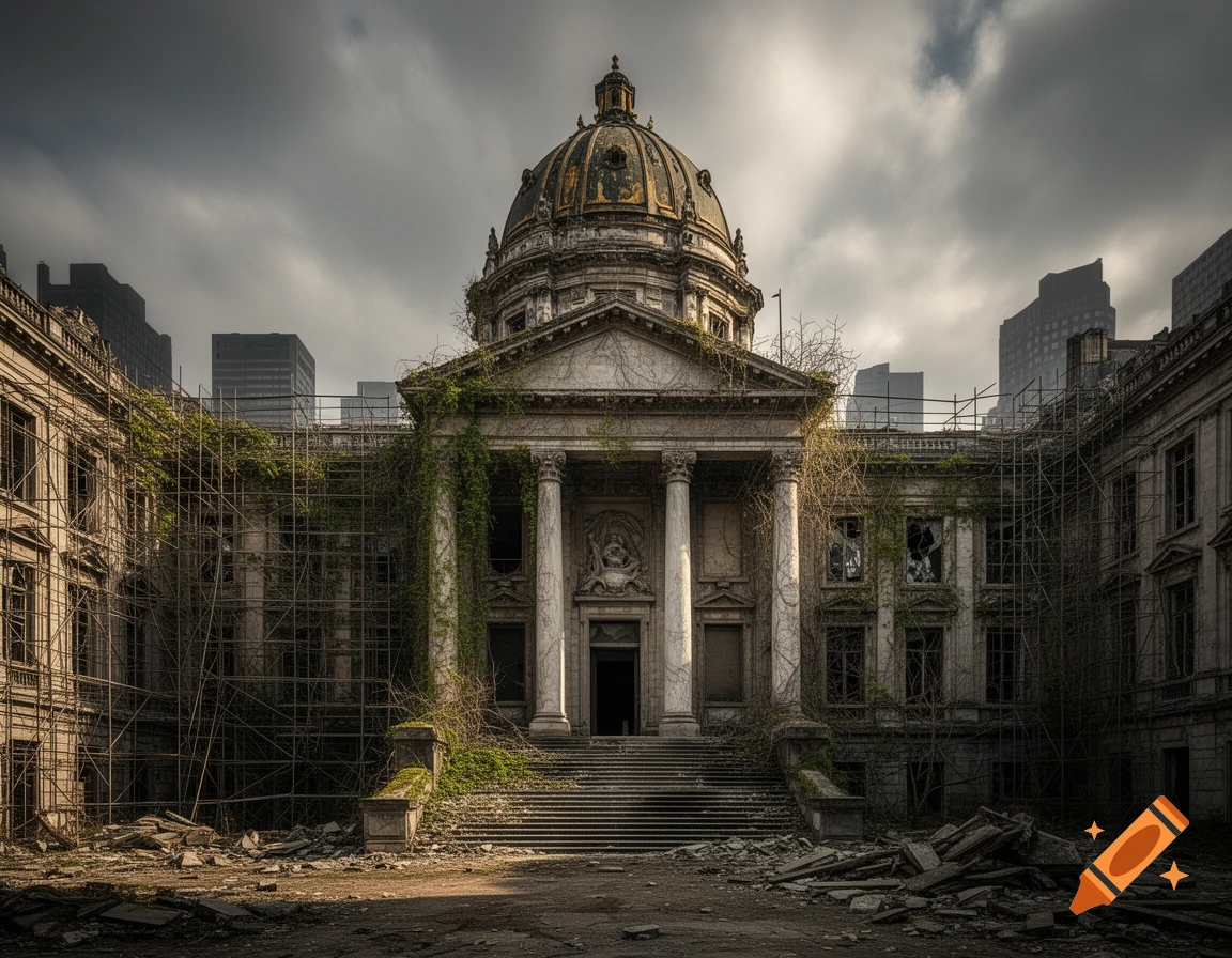 Photorealistic image of a grand, domed courthouse in ruins, overgrown with vines and scaffolding, under a cloudy sky.