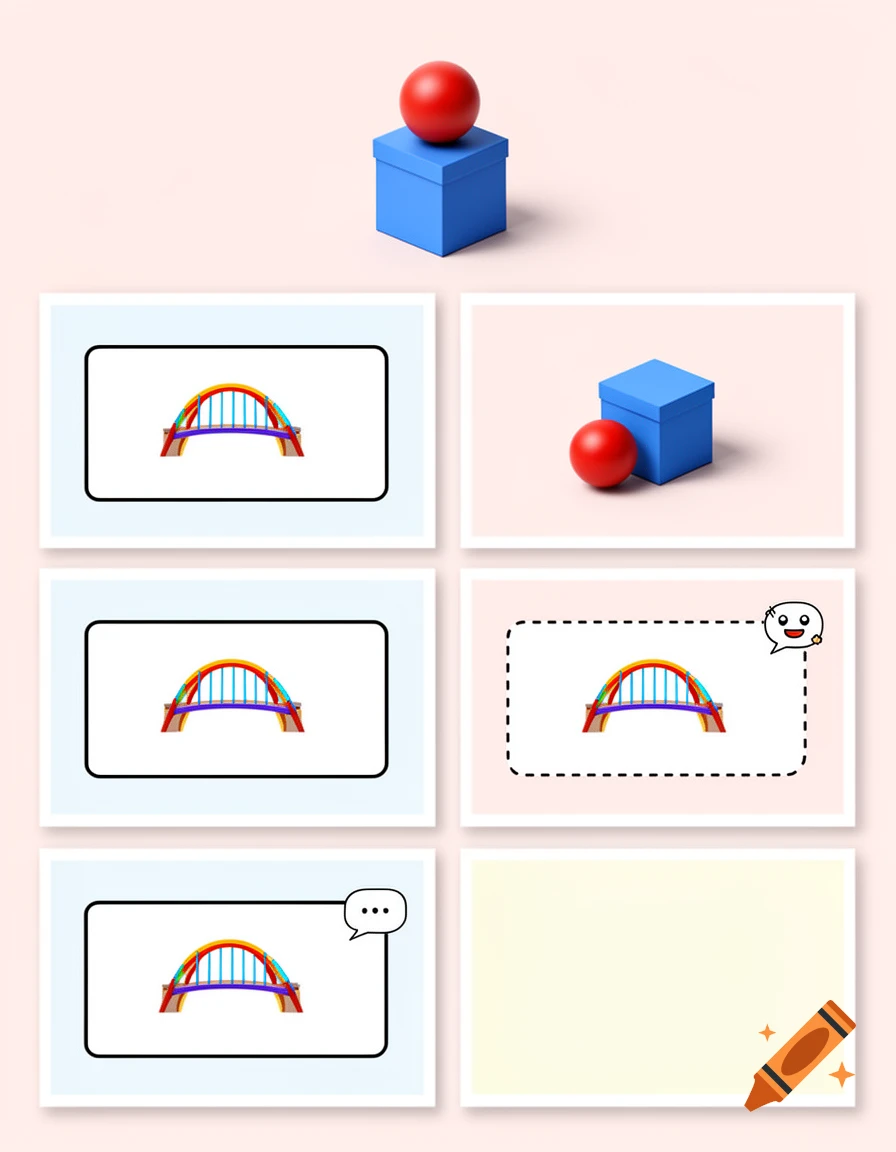 Educational flashcards with minimalist vector art bridges, a red ball on a blue box, and a red ball in front of a blue box.