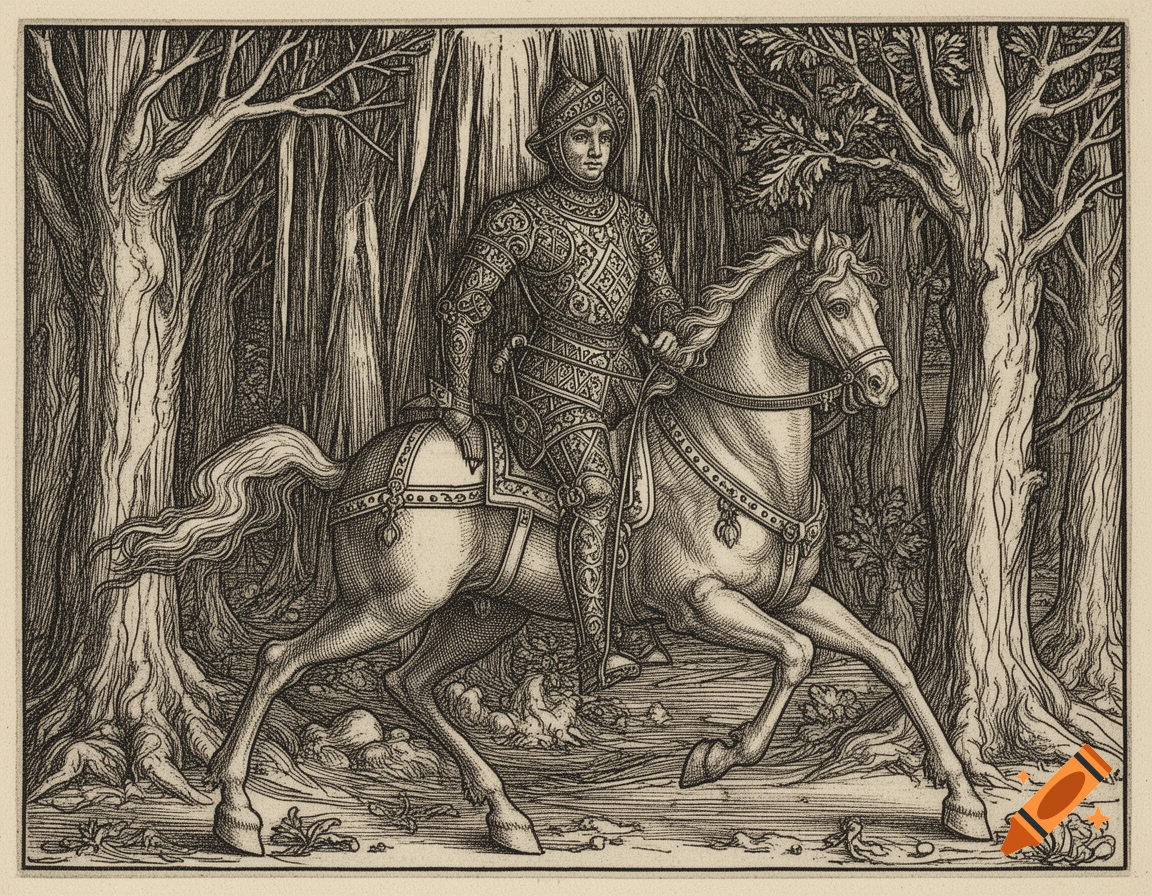 A knight in ornate armor rides a horse through a dense forest in the style of an Albrecht D r woodcut.
