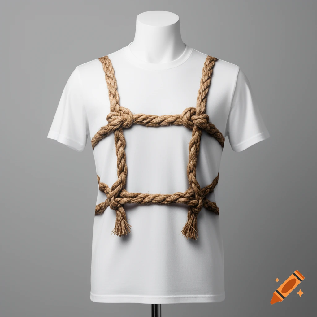 White t-shirt on a mannequin featuring a realistic rope harness design on the chest, set against a solid grey background.