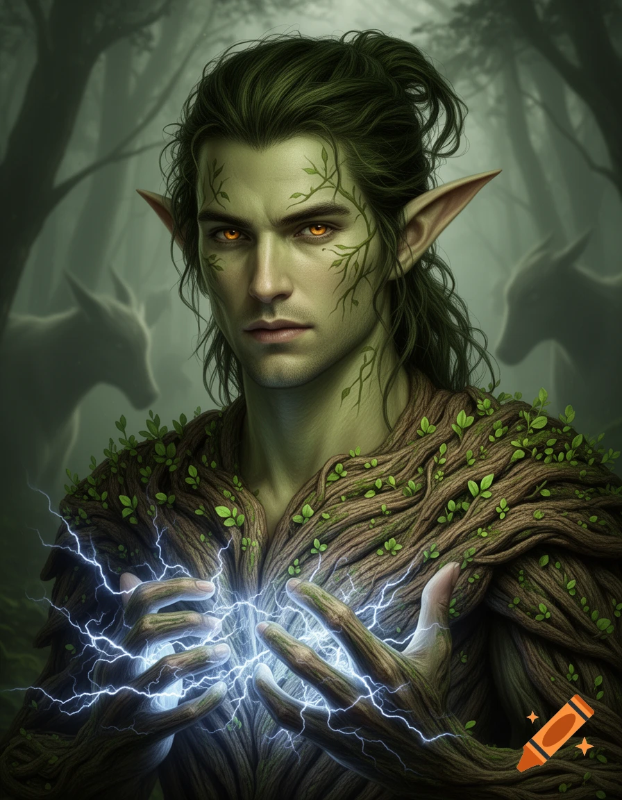 Close-up portrait of a male Killoren druid with green skin, pointed ears, and dark green hair, casting blue lightning magic in a misty forest.