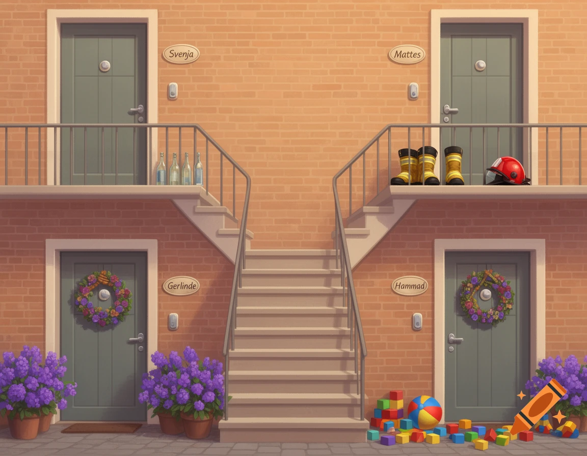 A friendly illustration of a two-story brick apartment building with four doors, each with a name sign. Details include flowers, toys, bottles, and firefighter gear.