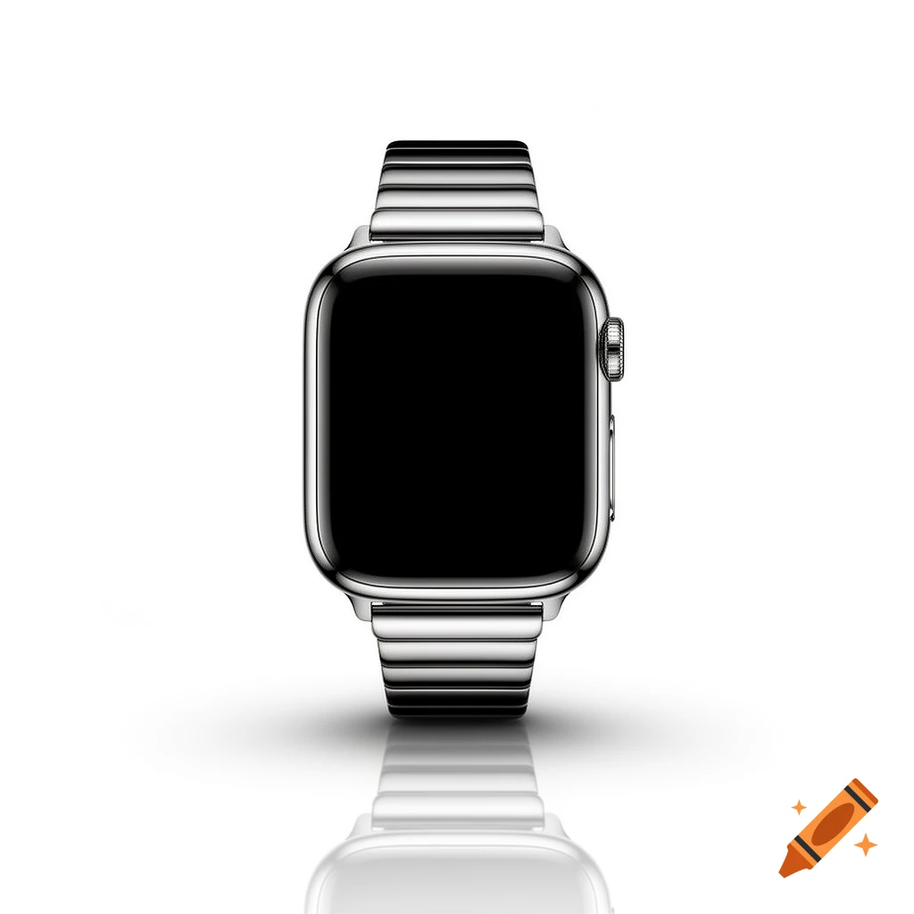 A silver smartwatch with a black screen and a metal link band stands upright on a white surface, with a reflection below.