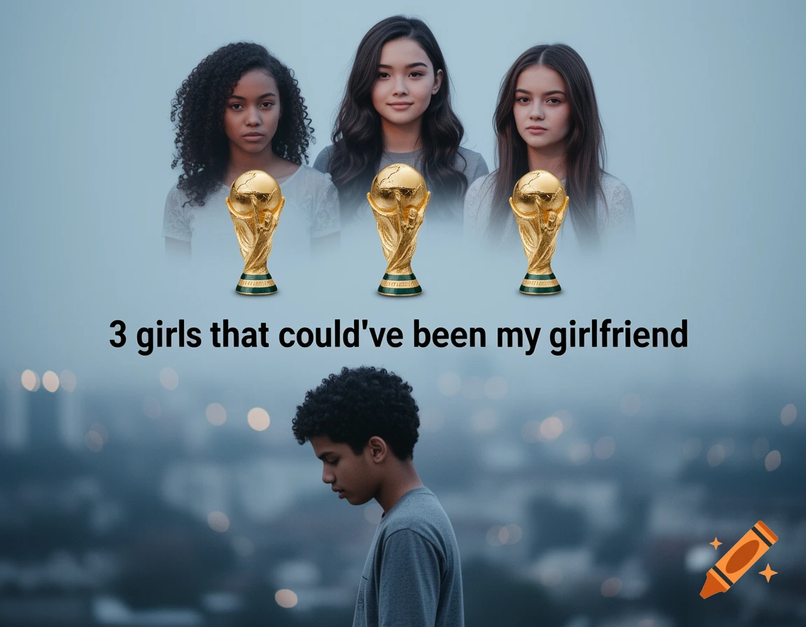 A sad boy looking down with three girls and World Cup trophies floating above him, and text '3 girls that could've been my girlfriend'.