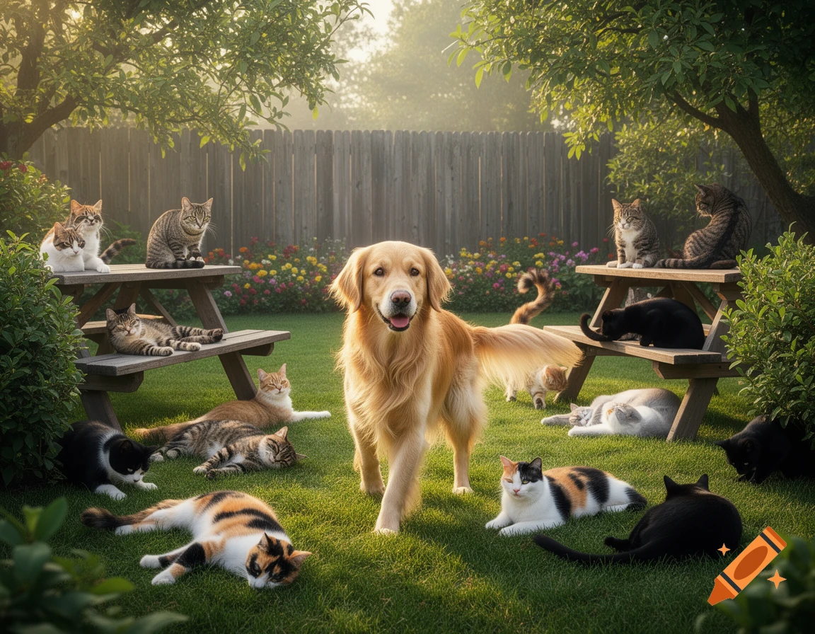 A golden retriever stands in a sunny backyard surrounded by numerous cats of various colors and patterns, some lounging on grass and picnic tables.