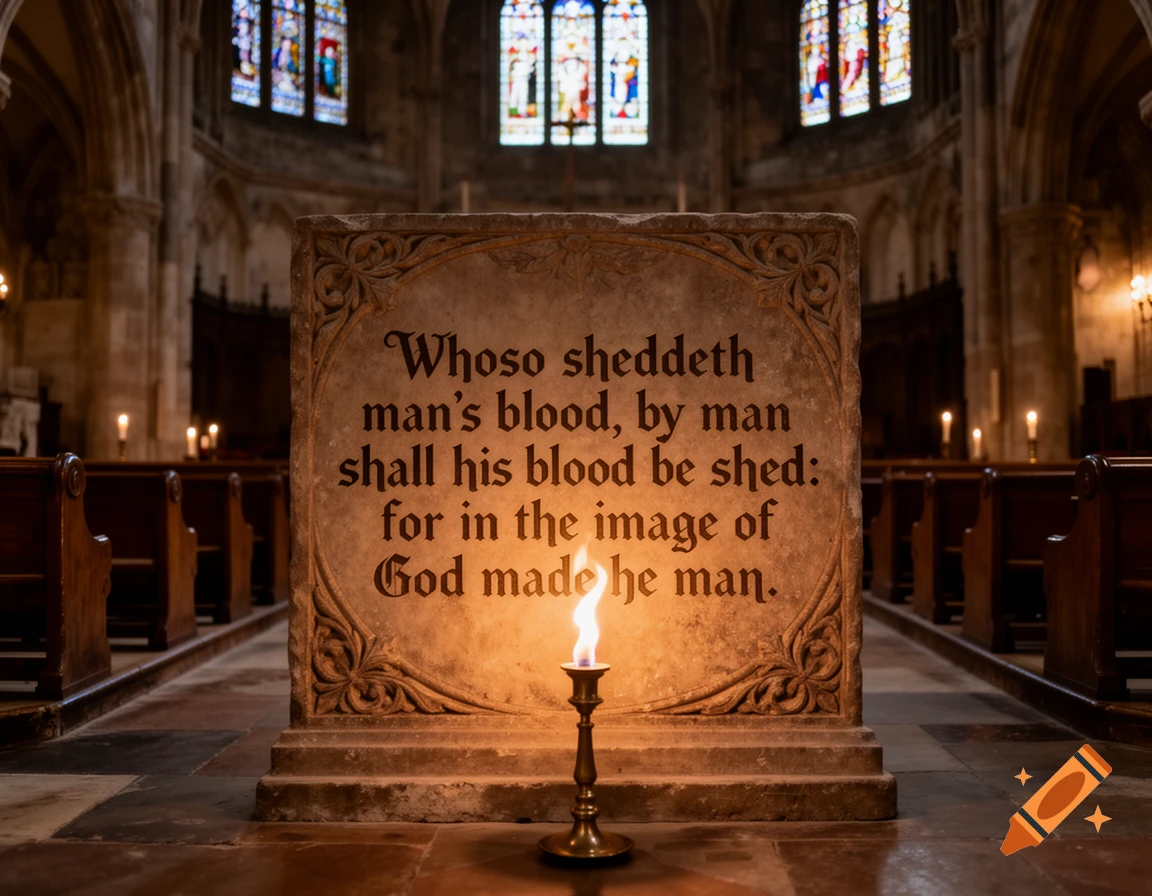 A stone tablet with a biblical quote, illuminated by a single candle, stands in the center of a grand church interior with stained glass windows.