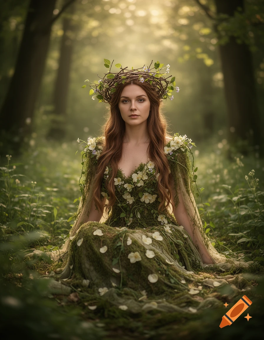 Photorealistic portrait of a nature queen with a crown of branches and a dress made of moss and flowers, sitting in a sunny forest.