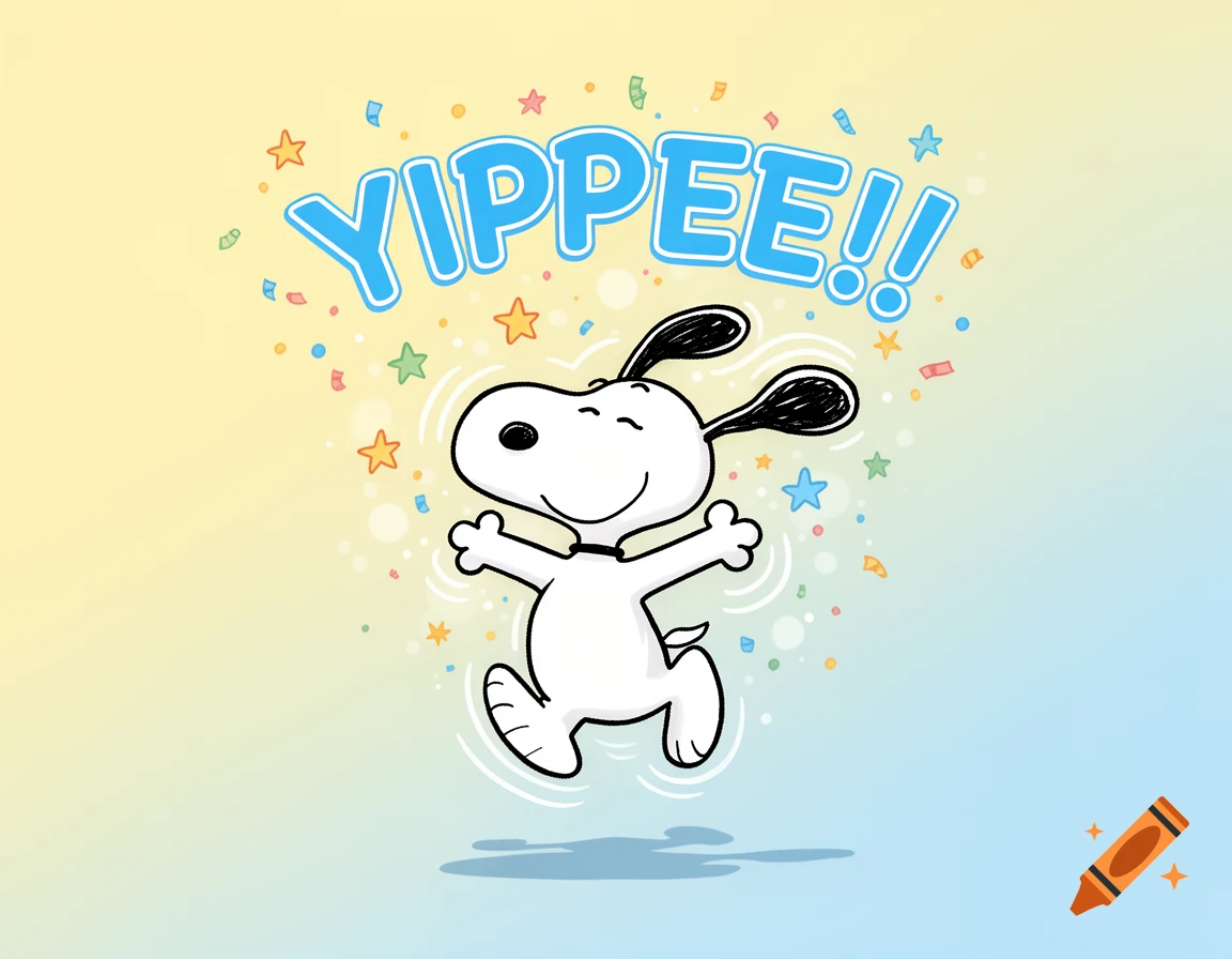 Snoopy cartoon character jumping excitedly amidst colorful confetti and stars with the word "YIPPEE!!" above him.