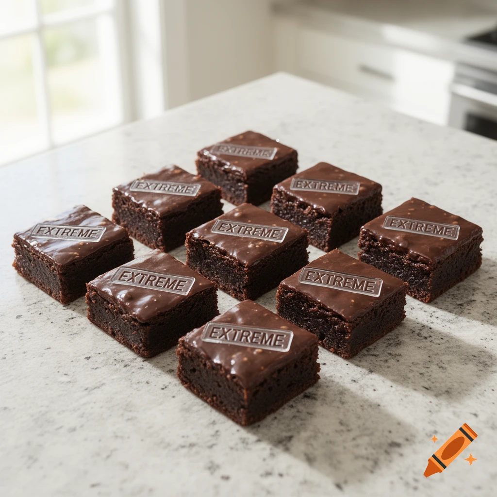 Nine square chocolate brownies with 'EXTREME' labels on a grey kitchen counter.