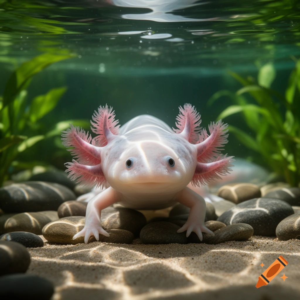 Photorealistic close-up of a pink axolotl with feathery gills, resting on sand and rocks in an aquarium with green plants.