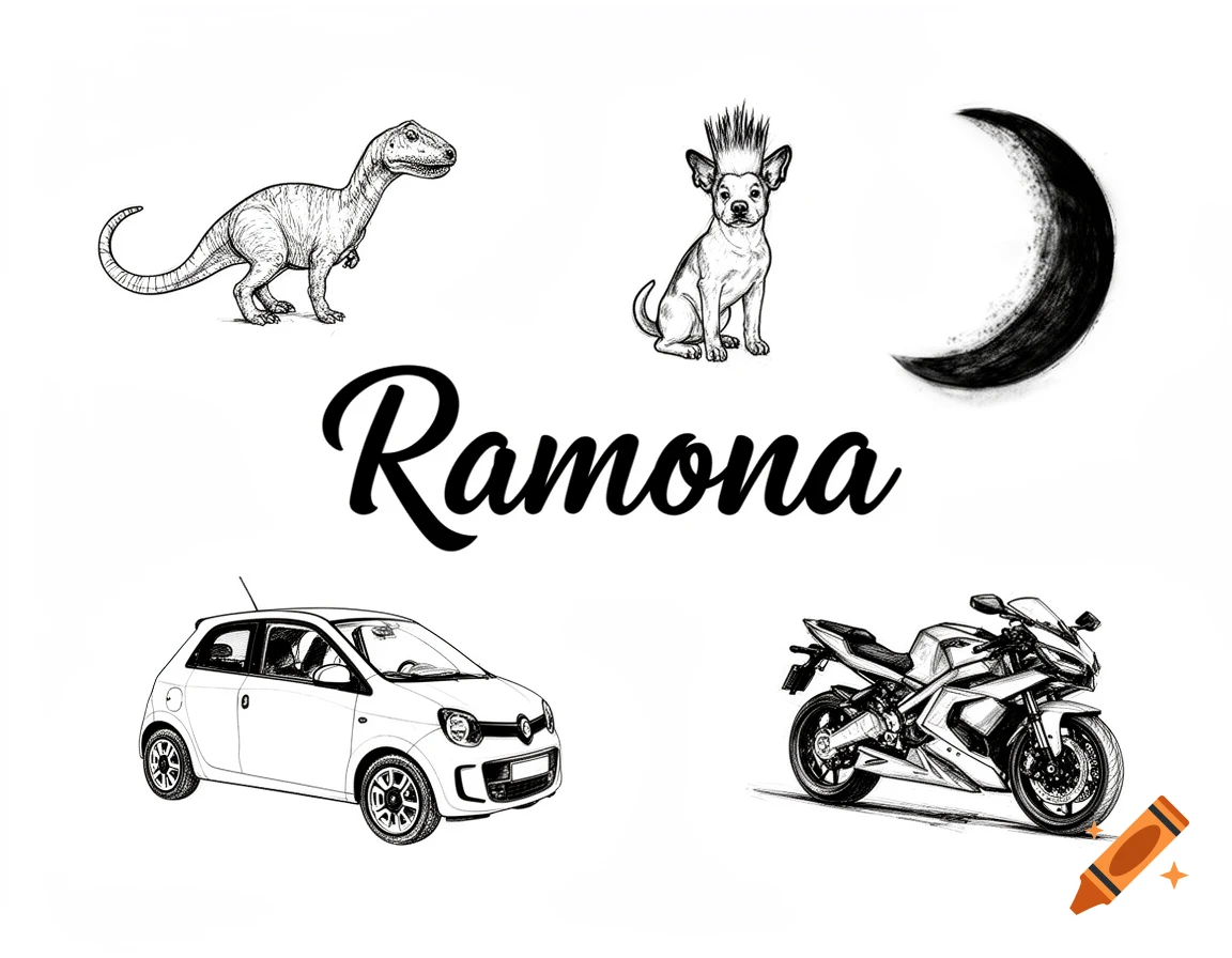 Black and white line drawings of a dinosaur, a dog with a mohawk, a crescent moon, a small car, a motorcycle, and the name "Ramona" in script.