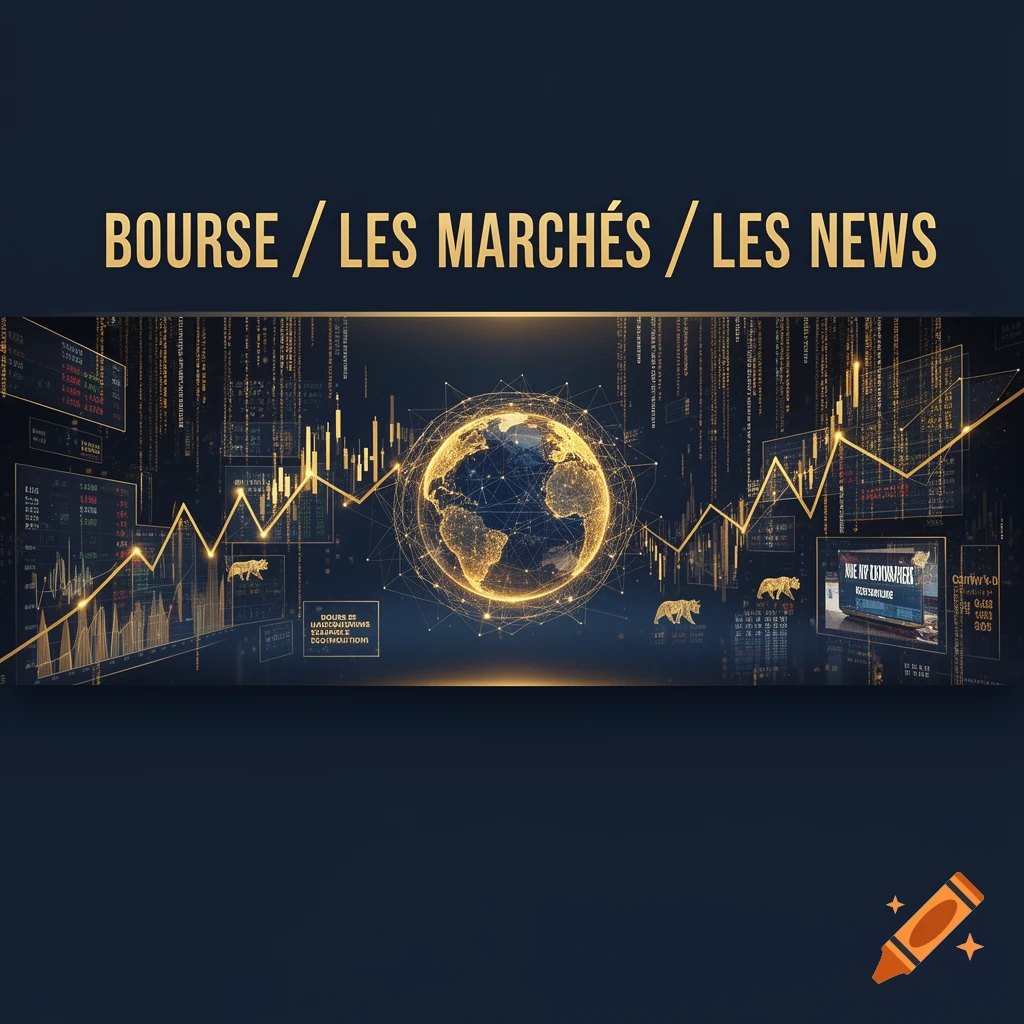 A stylized image with golden text "BOURSE / LES MARCHÉS / LES NEWS" above a central golden globe surrounded by a network, stock charts, and data streams, with wolf silhouettes on a dark blue background.