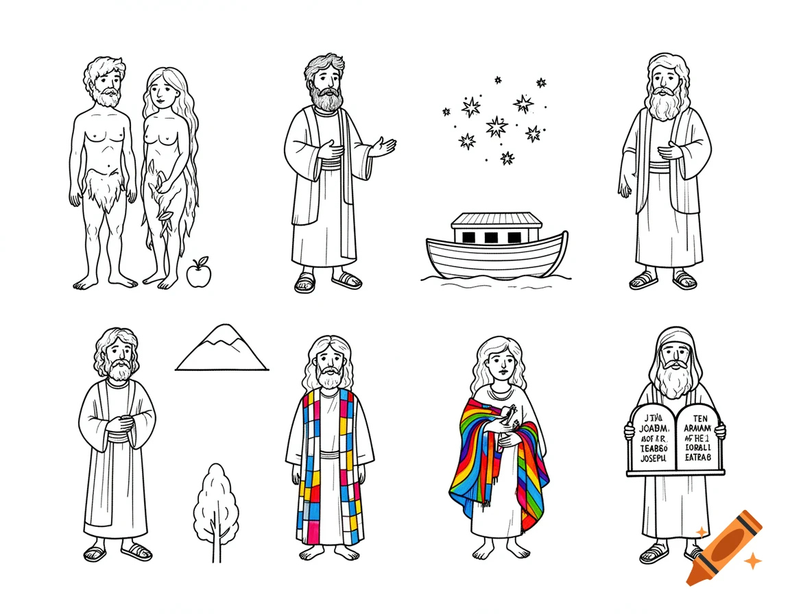 Black line art doodle illustrations of biblical figures including Adam and Eve, Noah, Abraham, Jacob, Joseph, a woman in a rainbow cloak, and Moses holding tablets.