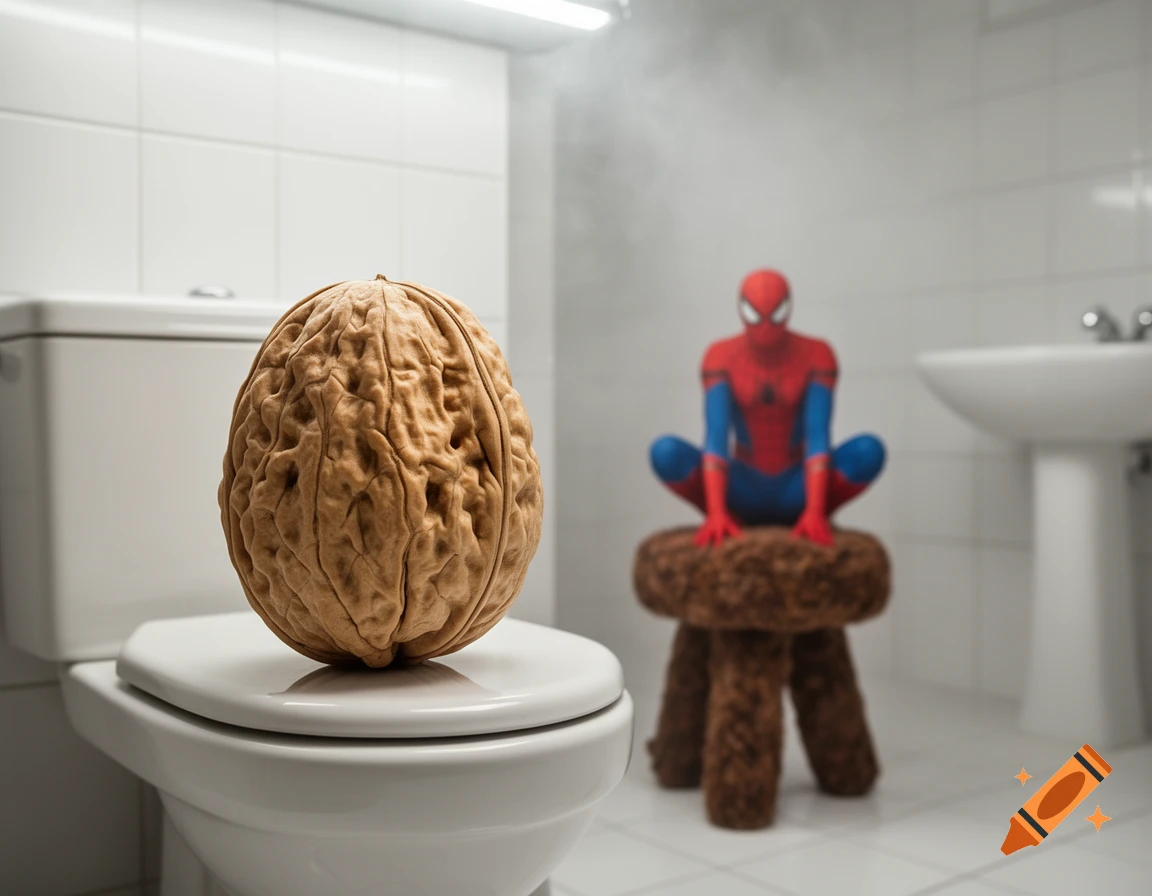 A large walnut sits on a toilet in a sterile bathroom, with a blurry Spiderman figurine on a fuzzy stool in the background.