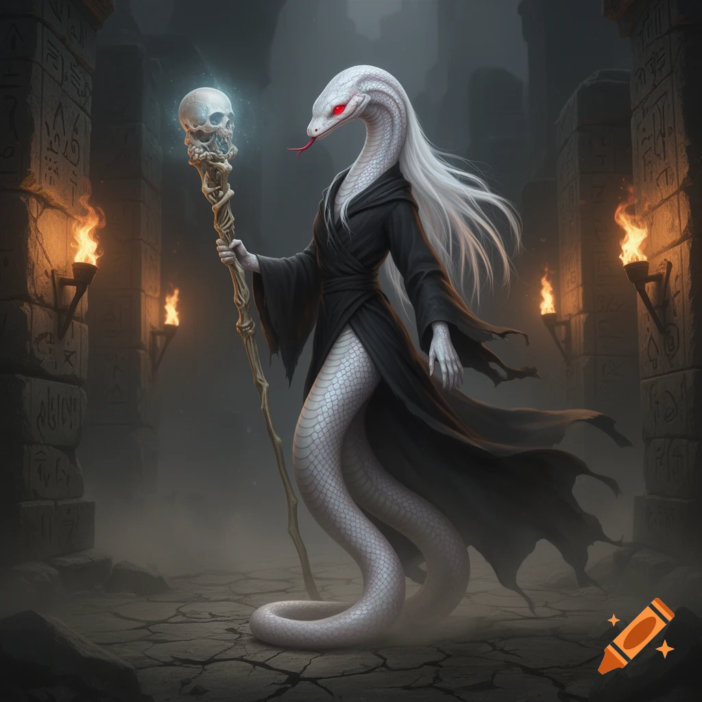An albino snake-like necromancer with long white hair, red eyes, and a black robe, holds a glowing skull-topped staff in dark, torch-lit ruins.