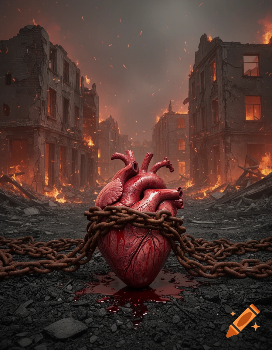An anatomical heart in chains, bleeding on the ground amidst a fiery, crumbling city, conveying a dark, symbolic mood.