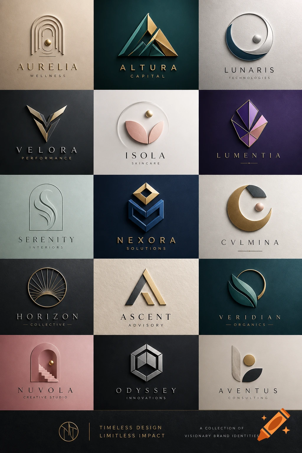 A grid of 15 elegant 3D modern logos with metallic and textured elements, each with a brand name and tagline.
