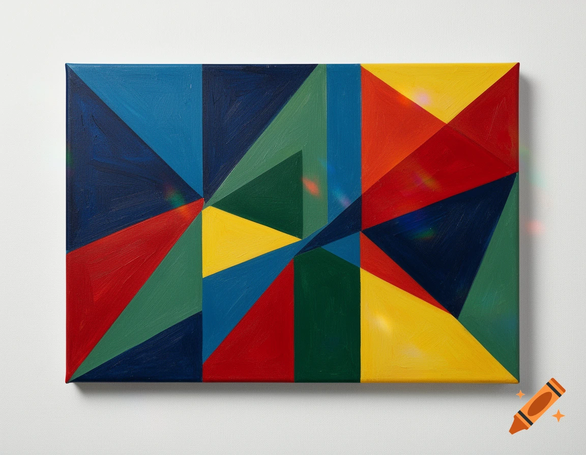 An abstract painting features a rectangle divided into numerous colorful geometric shapes, predominantly triangles and quadrilaterals, in shades of red, blue, green, and yellow.