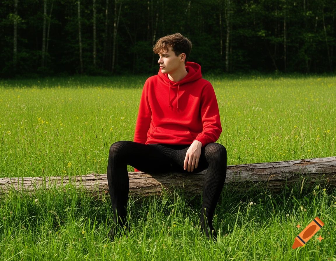 Photorealistic image of a young man in a red hoodie and black tights sitting on a log in a sunny green field.