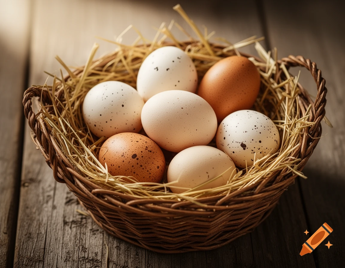 A rustic woven basket filled with brown and white speckled eggs and straw, resting on a wooden surface.