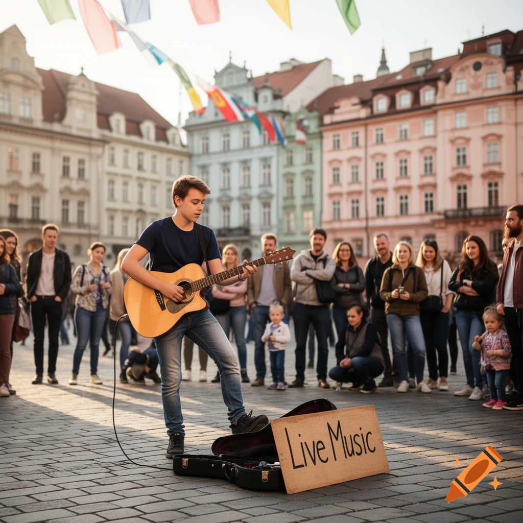 A young boy plays an acoustic guitar on a cobblestone street for a crowd, with a "Live Music" sign and historic buildings.