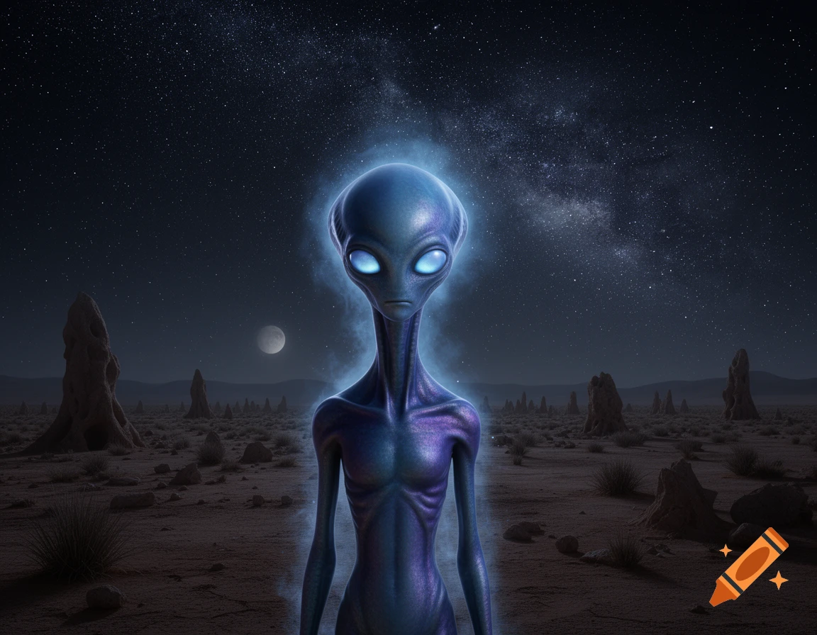 A photorealistic blue alien with glowing eyes stands on a desolate alien planet under a starry night sky with a moon.