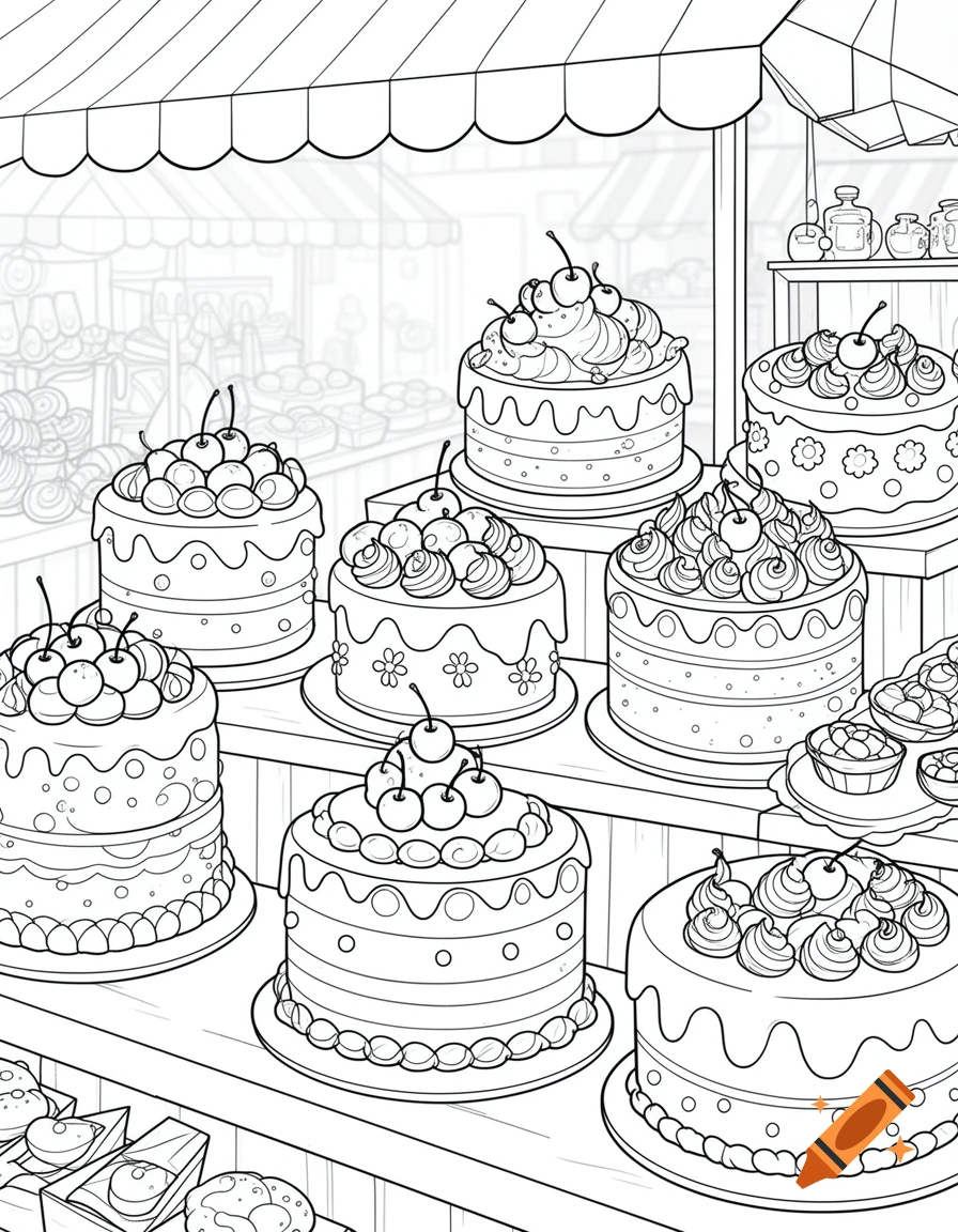 Black and white line drawing of various cakes and pastries on display at a market stall, ready for coloring.