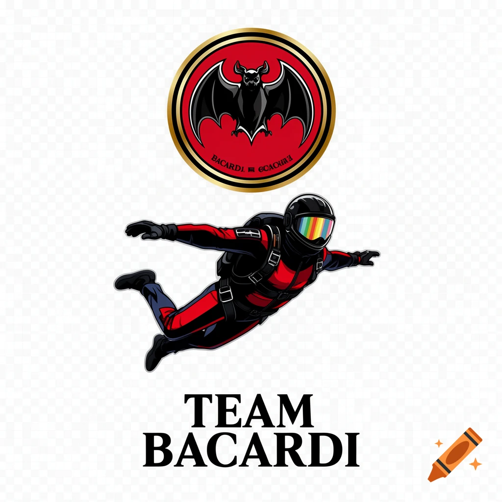 A clip art illustration of a skydiver in a red and black suit with a rainbow visor, flying below a round Bacardi logo, and "TEAM BACARDI" text.