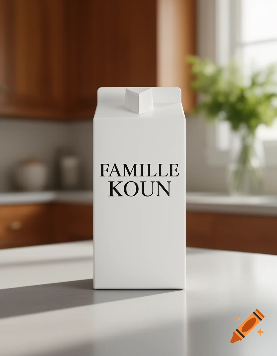 A white milk carton with 'FAMILLE KOUN' printed on it, sitting on a light-colored kitchen counter against a blurred background of wooden cabinets and a window.