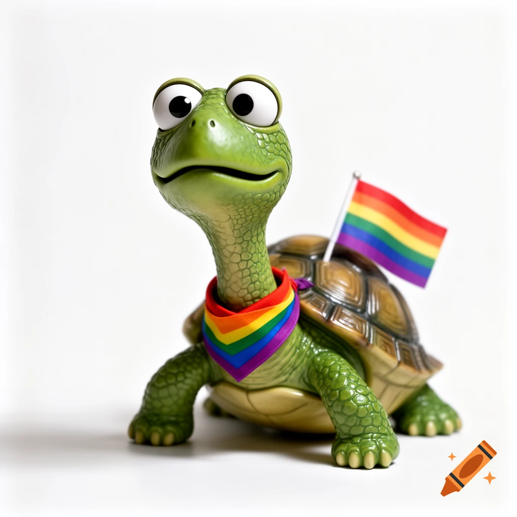 A cartoon green turtle with wide eyes, wearing a rainbow bandana and a small rainbow flag on its shell, against a white background.