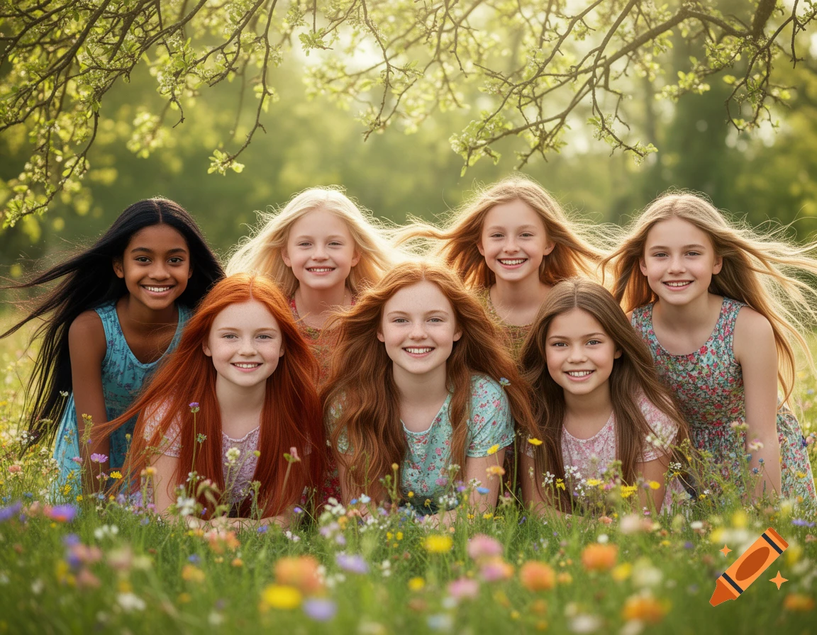 Six smiling young girls with various hair colors lie in a field of colorful wildflowers under dappled sunlight.