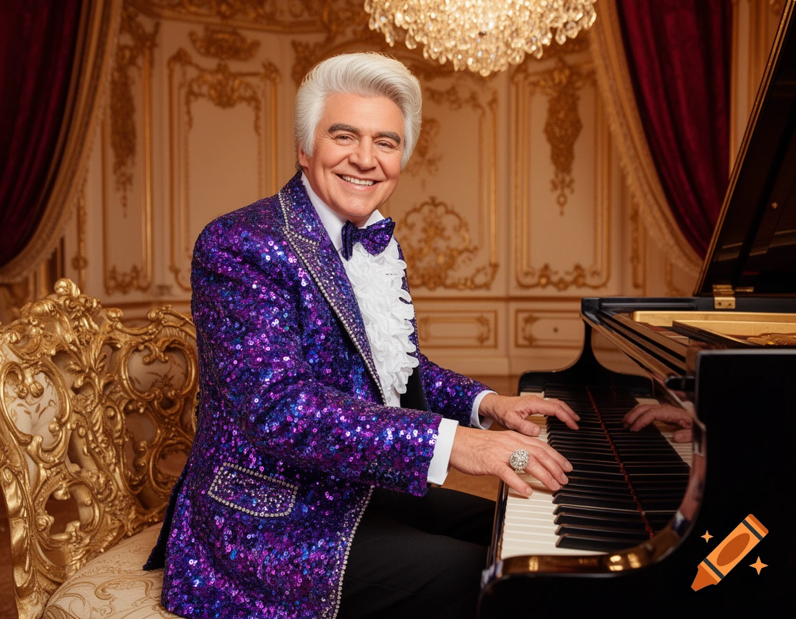A man resembling Liberace with white hair, wearing a purple sequined jacket and a ruffled shirt, plays a grand piano in an opulent room.