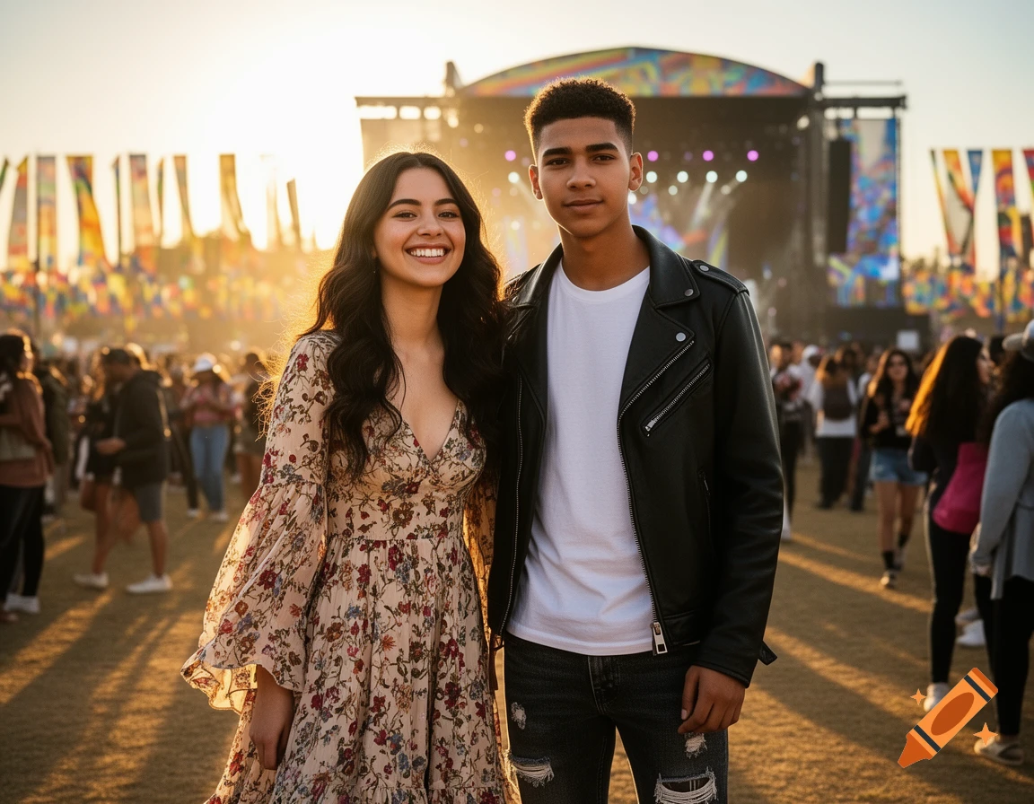 A smiling young woman in a floral dress and a young man in a leather jacket at a sunny outdoor music festival.