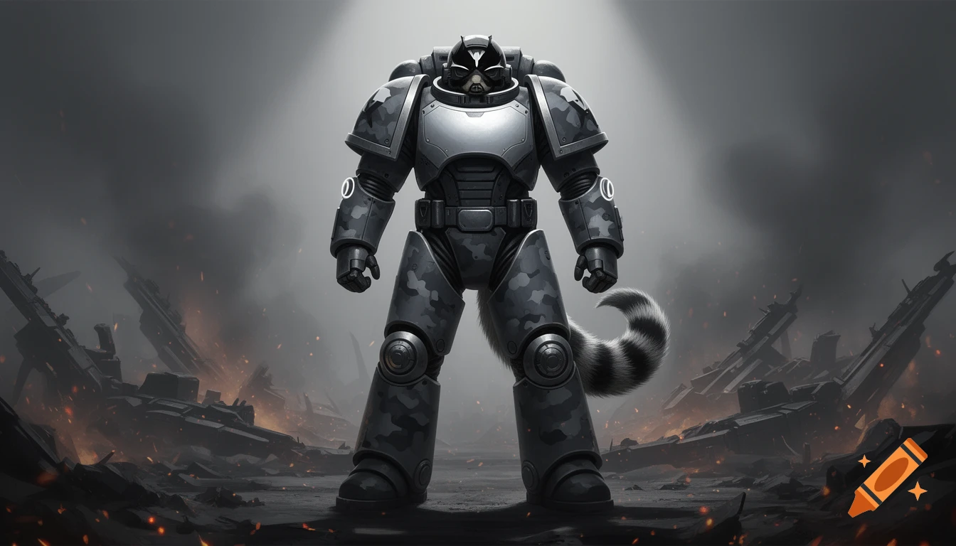 A heavily armored, raccoon-themed space marine stands on a smoky battlefield with futuristic ruins in digital concept art style.