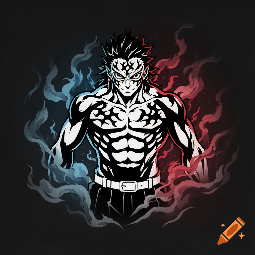 A muscular male character with tribal markings and an intense expression, surrounded by blue and red smoke, in a graphic novel style.