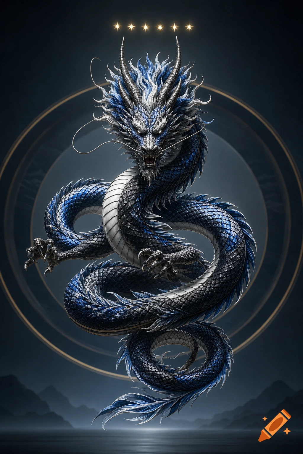 A majestic blue, black, and white oriental dragon coiled, with five glowing stars above its head, against a dark background with faint mountains and gold rings.