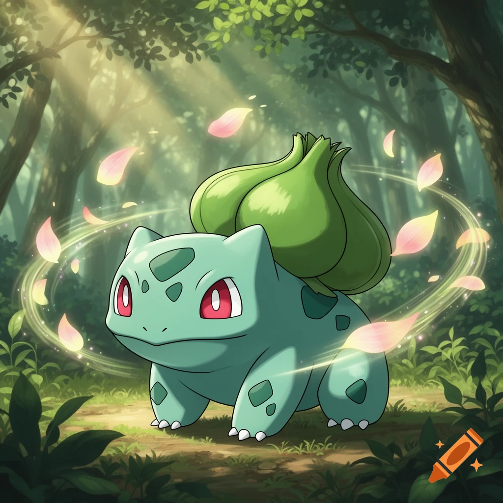 Bulbasaur stands in a sunlit forest, surrounded by swirling glowing pink petals in an anime style.