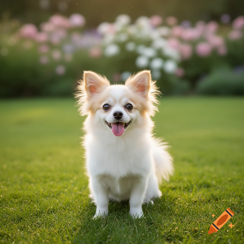 A fluffy white and tan dog happily sits in a sunny green garden with blurred flowers in the background.