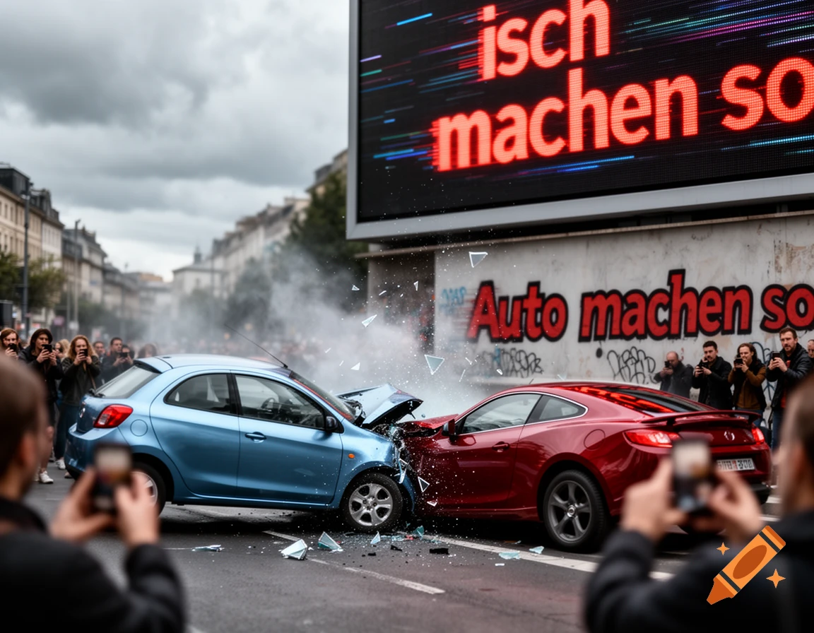 A blue hatchback and a red sports car crashed head-on in a city street, surrounded by smoke and debris, as onlookers photograph the scene.