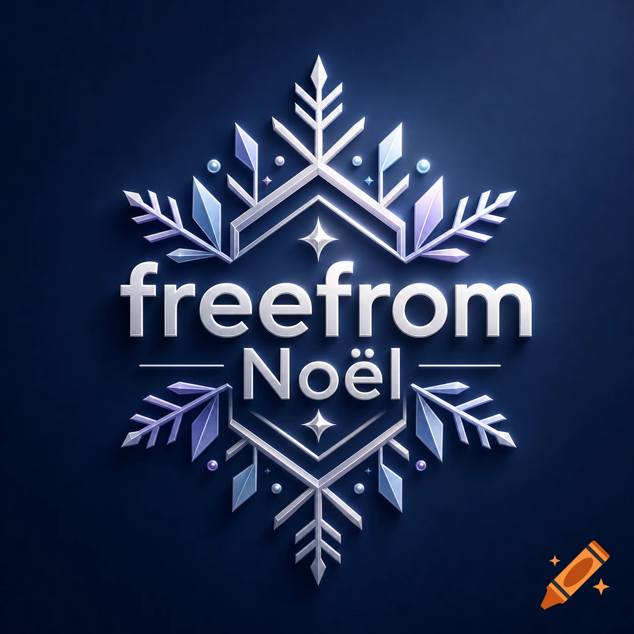A 3D rendered metallic and jeweled snowflake logo with the words 'freefrom Noël' on a dark blue background.