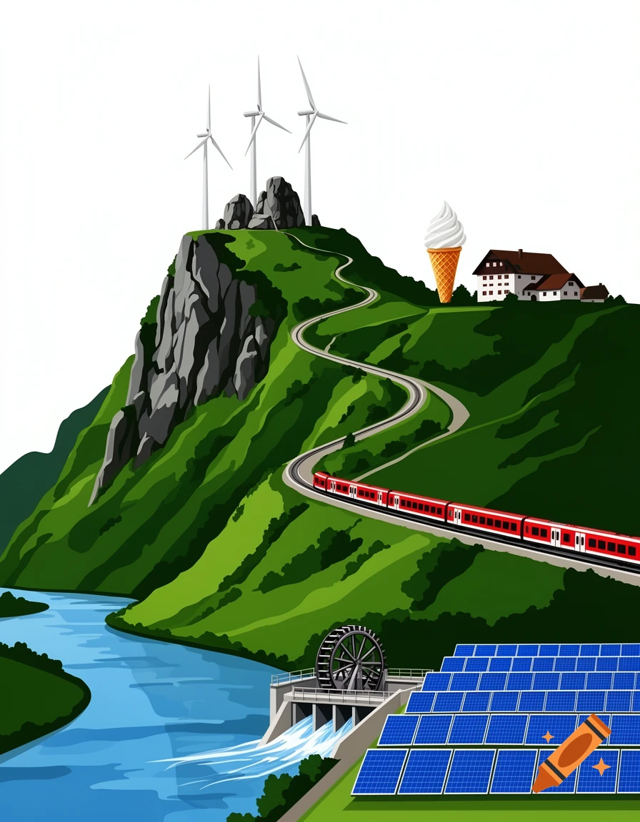 Green mountain landscape with wind turbines, a red train on a winding track, a river with a water wheel, solar panels, a house, and an ice cream cone.