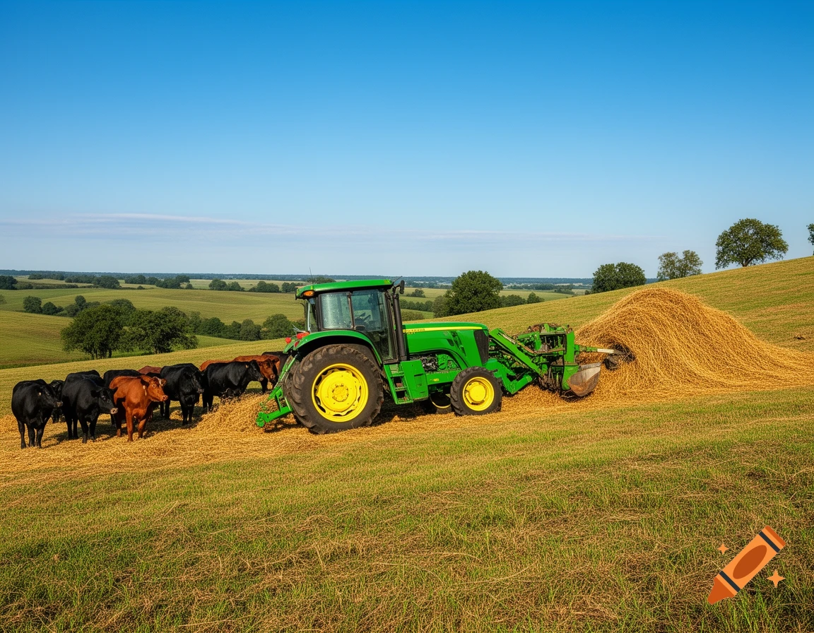 A green John Deere tractor feeding hay to a herd of black and brown cows in a sun-drenched field with rolling hills.