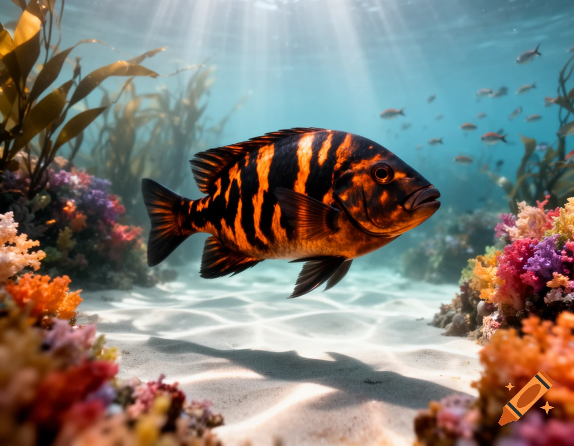 A vibrant orange and black striped fish swims over a sandy seabed surrounded by colorful coral and seaweed, with sun rays piercing the clear blue water.