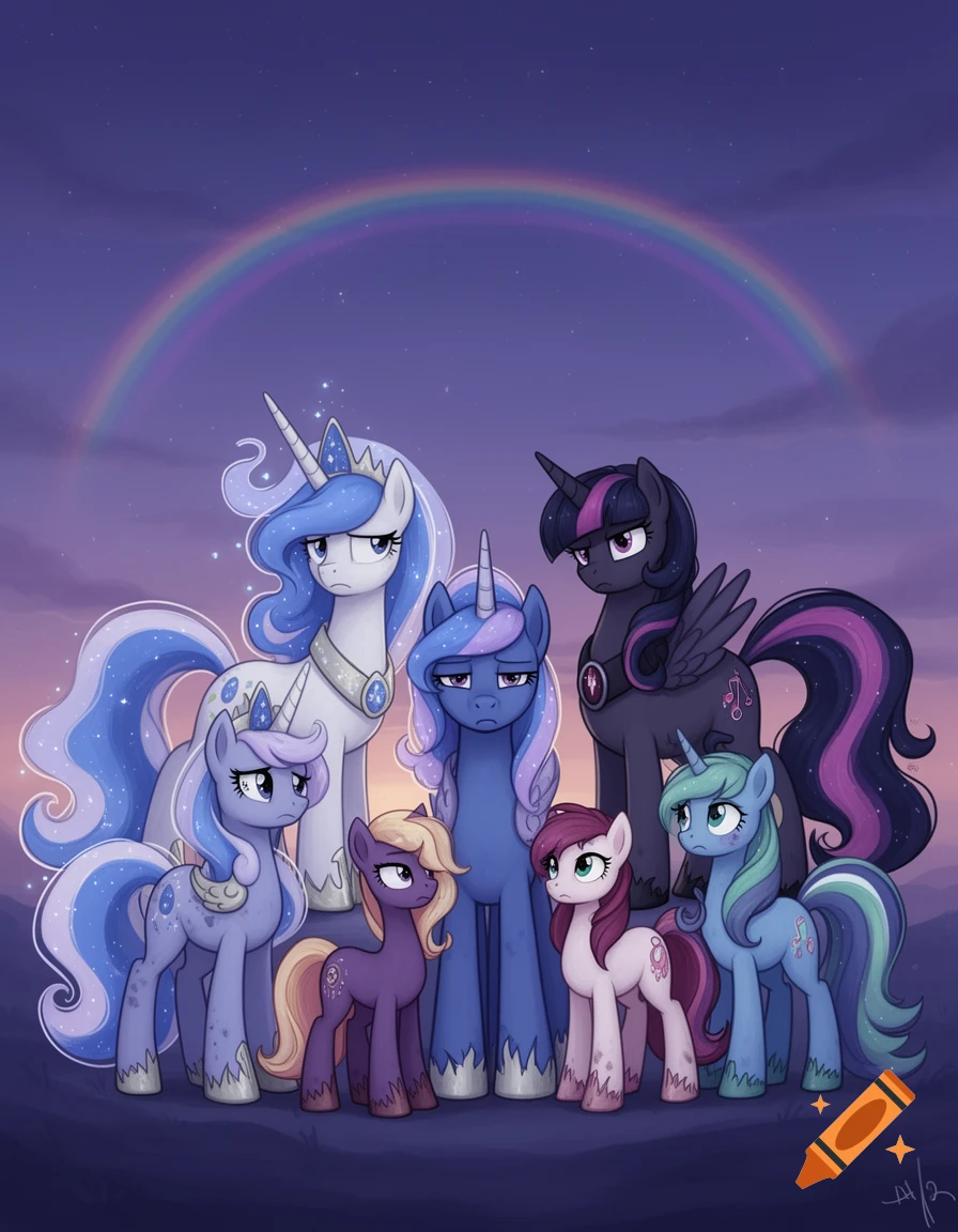 Seven cartoon ponies with sad expressions stand under a rainbow in a twilight sky.