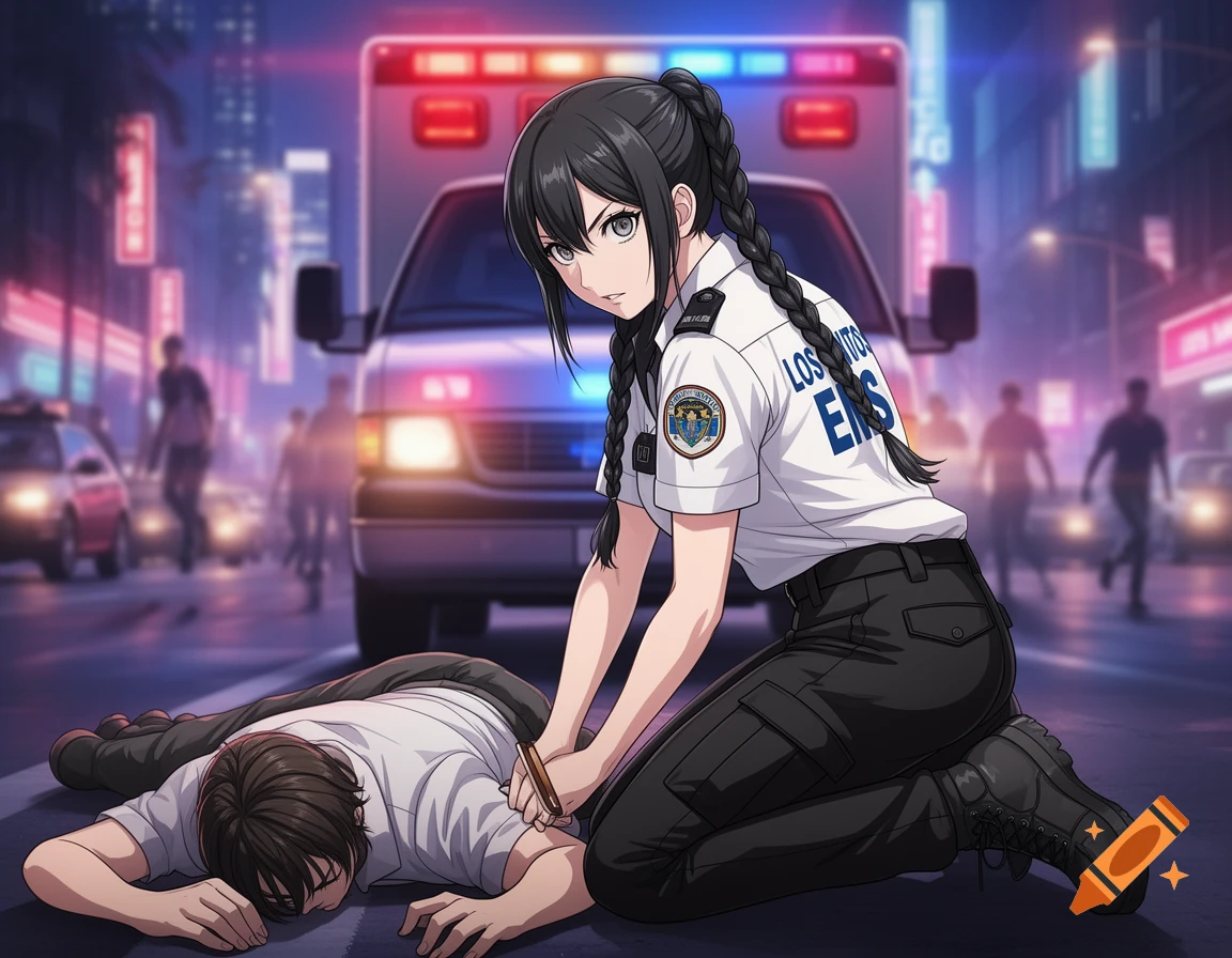 Anime EMT with braided hair kneels on a city street at night, attending to an injured person with an ambulance behind them.