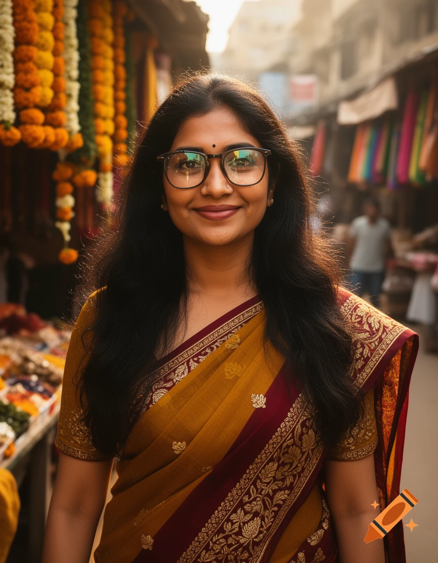 Smiling Indian woman in glasses and a yellow-maroon saree in a bustling market with flower garlands.