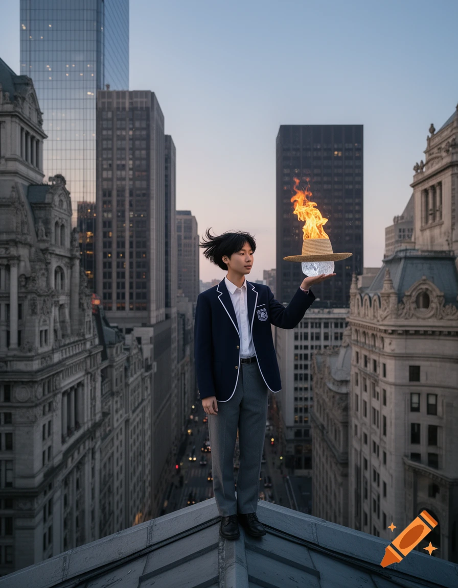 An Asian student in a school uniform stands on a city rooftop at dusk, holding a straw hat engulfed in flames.