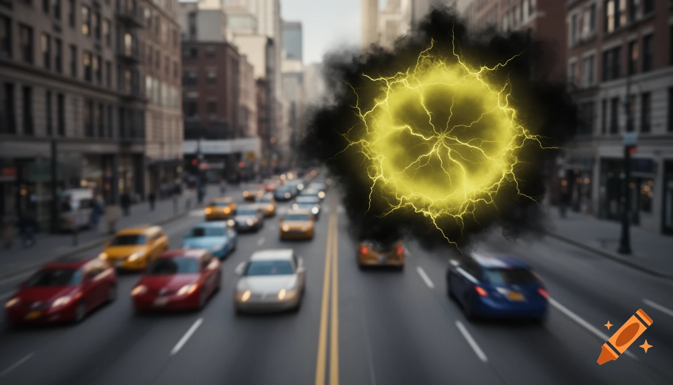 A glowing yellow lightning aura surrounded by black smoke hovers over a blurred city street with cars and buildings in the background, from a POV perspective.