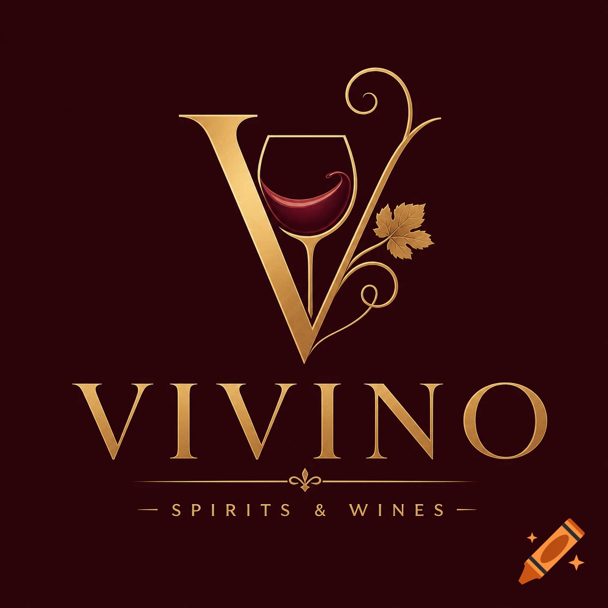 Elegant golden Vivino logo with a stylized 'V' enclosing a wine glass, a grape leaf, and 'SPIRITS & WINES' text on a dark red background.